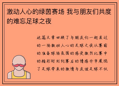 激动人心的绿茵赛场 我与朋友们共度的难忘足球之夜