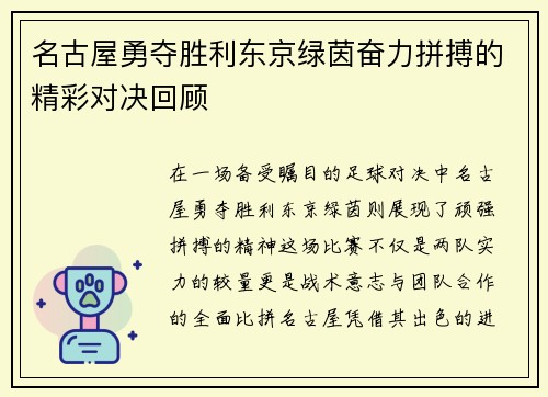 名古屋勇夺胜利东京绿茵奋力拼搏的精彩对决回顾