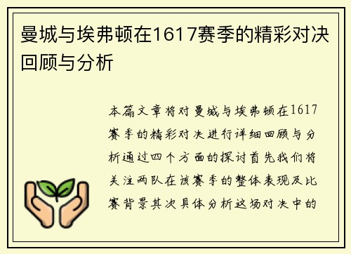曼城与埃弗顿在1617赛季的精彩对决回顾与分析